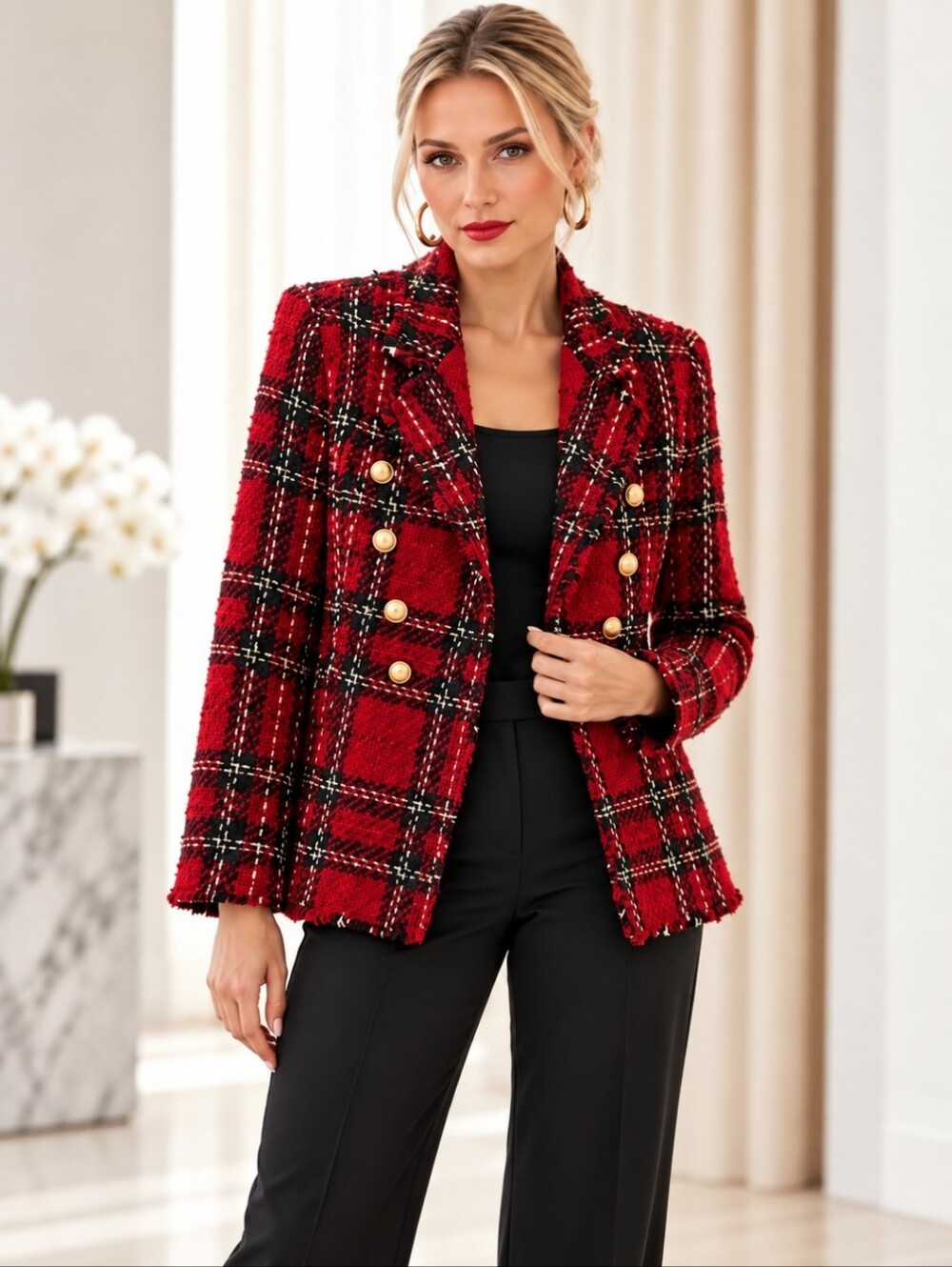 Zara Red Plaid Tweed Double-Breasted Jacket | Gold Buttons | Fringed Trim